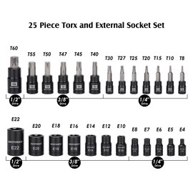 MIXPOWER 25 Piece Torx Bit and Socket Set, 13 Star Bits (T8- T60) & 12 E-Torx Sockets (E4-E22), Professional Grade Auto & Motorcycle Mechanic Set