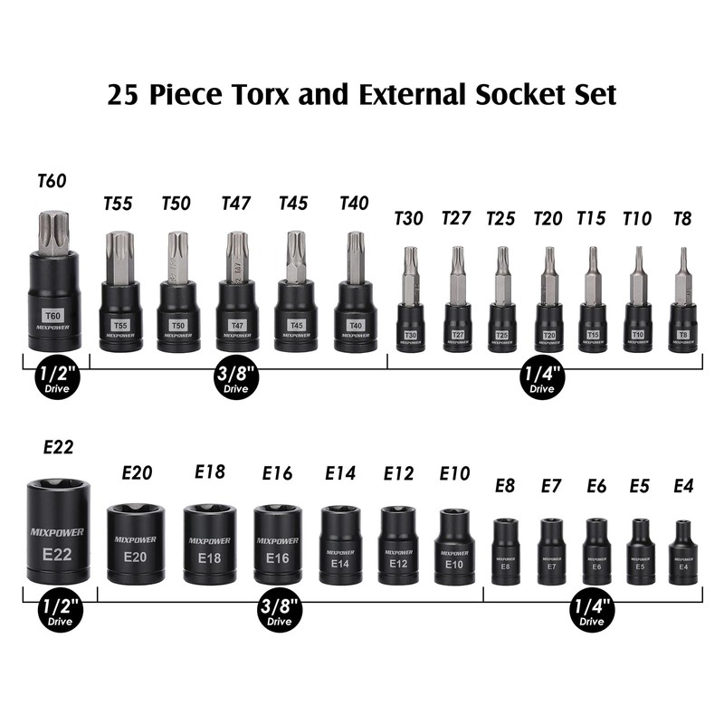 MIXPOWER 25 Piece Torx Bit and Socket Set, 13 Star