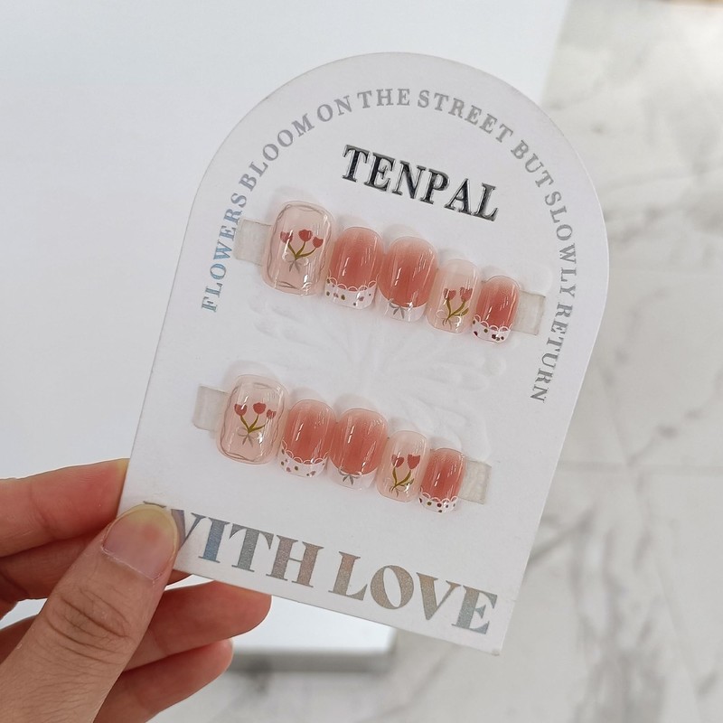 TENPAL Short Round Square Press on Nails,Nude Pink Gel Fake