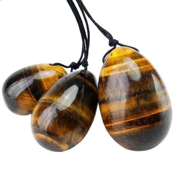 mookaitedecor Tiger's Eye Yoni Eggs Set of 3, Predrilled with Unwaxed String, Massage Stones for Women to Strengthen Pelvic Floor Muscles with Velvet Pouch