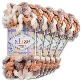 Wohnkult Alize Puffy Colour Premium Wool 5 x 100 g 26 Colour Combinations Chenille Handmade Knitting and Crochet without Tools Smart Yarn (5926)