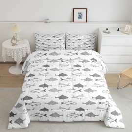 jejeloiu Fish Comforter Set Twin Size Kids Fish and Hunting Comforter for Boys Teens Fisherman Fish Man Bedding Set Sealife White Duvet Set Room Decor Quilt Set