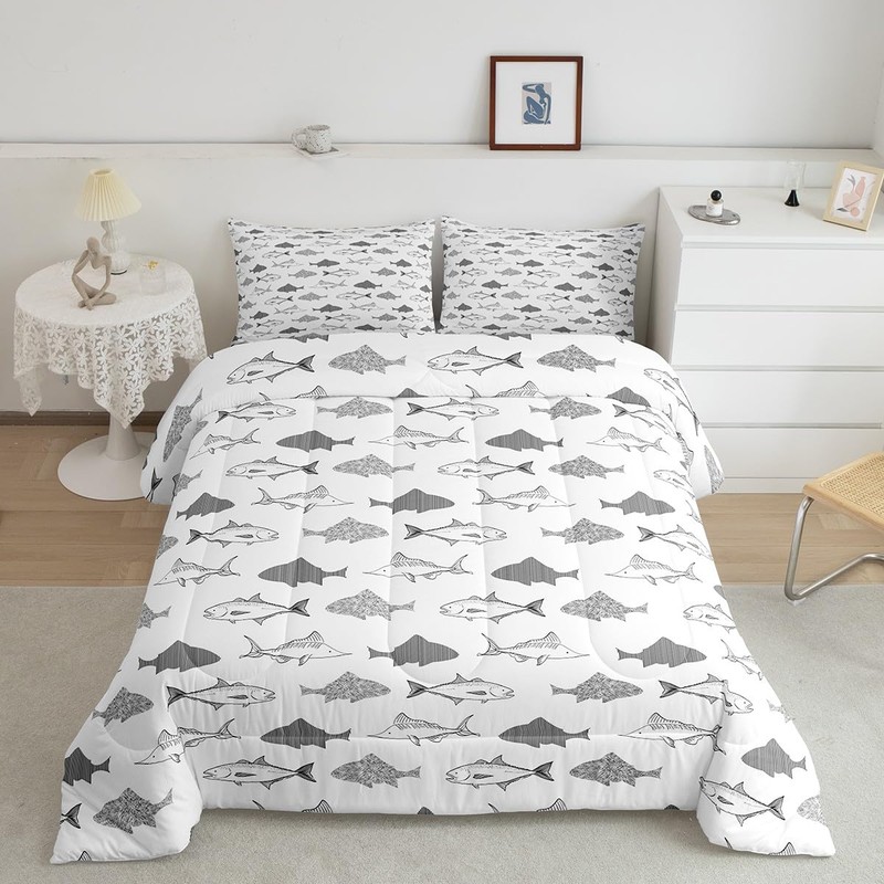 jejeloiu Fish Comforter Set Twin Size Kids Fish and Hunting