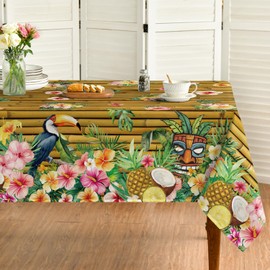 Horaldaily Summer Tablecloth 60×104 Inch Rectangular, Tropical Posies Parrot Bamboo Washable Seasonal Table Cover for Party Picnic Dinner Decor