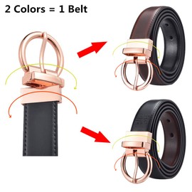Beltox - Cinturones de piel reversibles para mujer, para vestir, jeans y adorno de cintura, Negro y coñac con hebilla dorada, 30-33.5" Range
