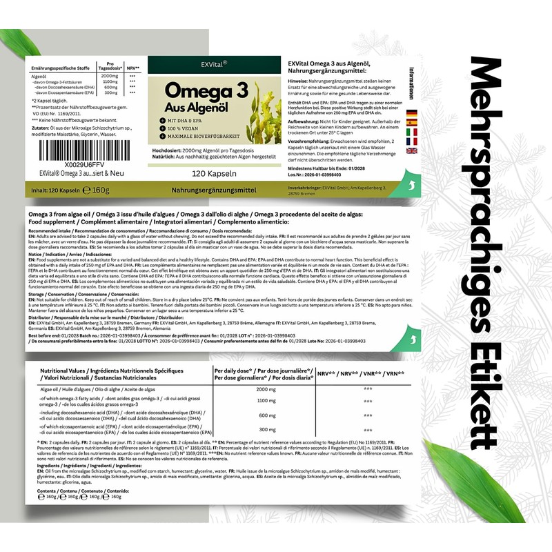 EXVital Omega 3 from Algae Oil, Vegan, 120 Softgel Capsules,