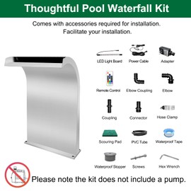 LONGRUN Waterfall Spillway Stainless Steel S-Shaped Pool Fountain with Multi Color Controllable LED Light, Pond Waterfalls for Indoor Outdoor Garden Rockery Pond Swimming Pools-20 Height