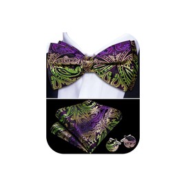 Barry.Wang Mardi Gras Purple Green Gold Bow Tie for Men Paisley Silk Pre-Tied Bowtie Pocket Square Cufflinks Set Formal Tuxedo Wedding Party Prom