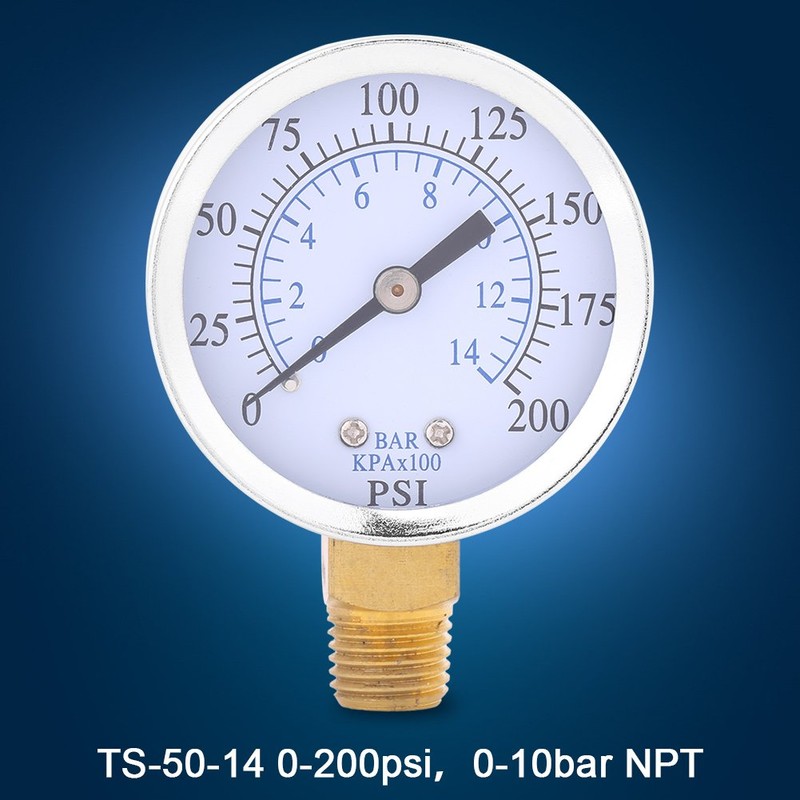 Air Compressor Pressure/Hydraulic Gauge, 1/4in NPT Brass Thread Side Mount,0-200psi