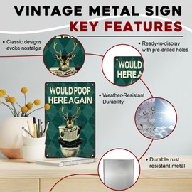 ARTWALLURE Funny Deer Vintage Sign Would Poop Here Again Metal Sign for Bathroom Home Wall Toilet Restroom Decor 8x12inch