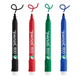 PENOL Whiteboard Marker, 4 Whiteboard Pens in Standard Colours - 800, 1.5mm Bullet Tip, Dry Wipe Marker with Nordic Swan Ecolabel, Odourless Foil Pens for Office and School