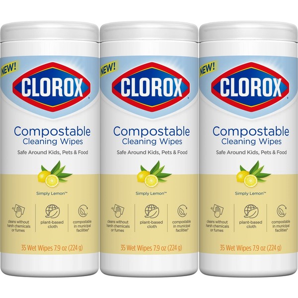 Clorox Compostable Cleaning Wipes, All Purpose Wipes, Simply Lemon, 35 Count Each, (Pack of 3)
