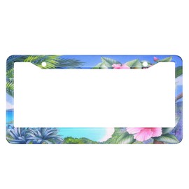 HOSNYE Pink Hibiscus License Plate Frame Hand Painted Lakeside Metal License Plate Cover Front Plates Frames Car Tag Frame for Women Men US Vehicles Standard