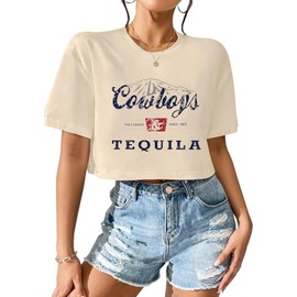 SALULAYER Cowboy Western Crop Shirt for Women Country Music Shirt Vintage Graphic Print Cowgril Rodeo Tee Country Party Tops (Beige-Tequila XL)