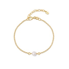 Amberta Women 925 Sterling Silver Freshwater Pearl Bracelet: Gold Plated Pearl Bracelet for Women with 6-7 mm Pearl