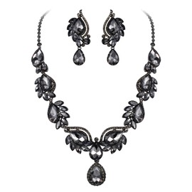 Ever Faith Bridal Crystal Black Rhinestone Wedding Floral Leaf Teardrop Necklace Pierced Earrings Set for Women Girls