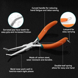 SPEEDWOX Long Needle Nose Pliers with Serrated Jaw, Bend Nose Precision Wire Looping Pliers with Anti-Loss Lanyard for Narrow Spaces, Needle Remover Pliers Fishing Tools(Curved Tips, Curved Handle)