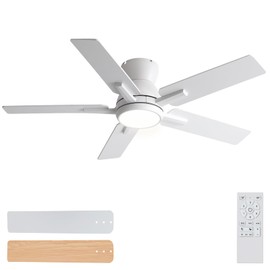 Sevenine 42 Inch White Flush Mount Ceiling Fans with Lights and Remote, White Low Profile Ceiling Fan for Bedroom Living Room Patio/Outdoor, Quiet 6 Speed Reversible DC Motor, 3CCT, Dimmable, 3 Timer