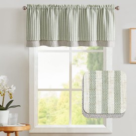 TOPICK Striped Short Kitchen Curtain Light Filtering Valance for Kitchen Windows Living Room 18 Inch Double Layer Farmhouse Window Pinstripe Valance Overlay Valance Rod Pocket 1 Panel Green on Beige