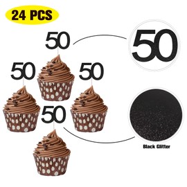 Sumerk 24PCS 50 Cupcake toppers Black Glitter 50th Birthday Cupcake Picks Anniversary Party Decorations
