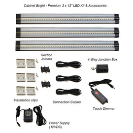 CabinetBright Under Cabinet Lighting - 3 x 12" Panels, 12 VDC, 42 LED Warm White - with On/Off Dimmer - Premium Kit