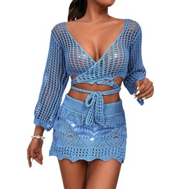 GORGLITTER Women's Crochet Hollow Out Cover Up Set Long Sleeve Wrap Beach Coverups Swimsuit Blue Medium