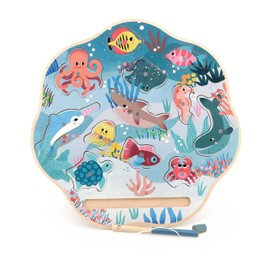 VILAC - Michelle Carlslund Fishing Rod - 1 x Magnetic Wooden Fishing Rod + 12 Wooden Magnetic Sea Animals + 1 Game Board - Wooden Games - Ages 18 Months + - 8570