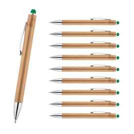 WPRO Bamboo Ballpoint Pen with Touch Pen Set of 10 Green - Sustainable Pens Blue Writing with Replaceable Refill | Environmentally Friendly Writing Set for Office, Study & Events