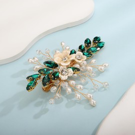 Xerling Green Rhinestones Crystal Flower Hair Barrettes Clip Boho Bridal Pearl Hair Jewelry Accessories for Women Wedding Floral Headpieces (Green)