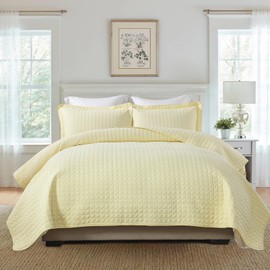 KALOOLA 100% Cotton Queen Quilt Bedding Set, Lightweight Bedspread Bed Coverlets with Pillow Shams, Soft Solid Color Quilted Quilt Sets for All Season - (Light Yellow, 90"x98")