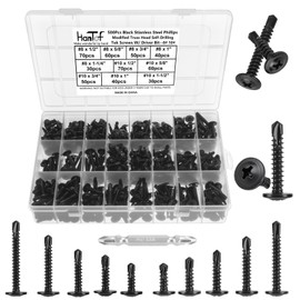 HanTof 500Pcs Black Self Tapping Screws for Metal, 410 Stainless Steel, #8#10 Truss Head Self Drilling Screws, Sheet Metal Screws, Phillips Drive Deck Screws Kit with 1 Bits, Length 1/2" to 1-1/4''