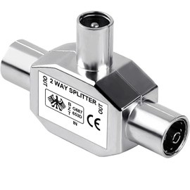 Pencilupnose TV Aerial Coax Splitter, Coaxial Metal Housing, 2 Way 1 Male to 2 Female Adapter Connector Joiner