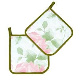 Lashuma Pot Holder Pink - Green, Cooking Cloth Square Pattern Rose, Set of 2 Coasters 20 x 20 cm
