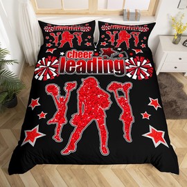 Cheerleading Children's Duvet Cover Set S Size, Girls Gymnastics Cheering Team Bedding Set Boys Teens Women Room Decor, Red Glitter Stars Black Comforter Cover Fashion Quilt Cover, 1 Pillowcase