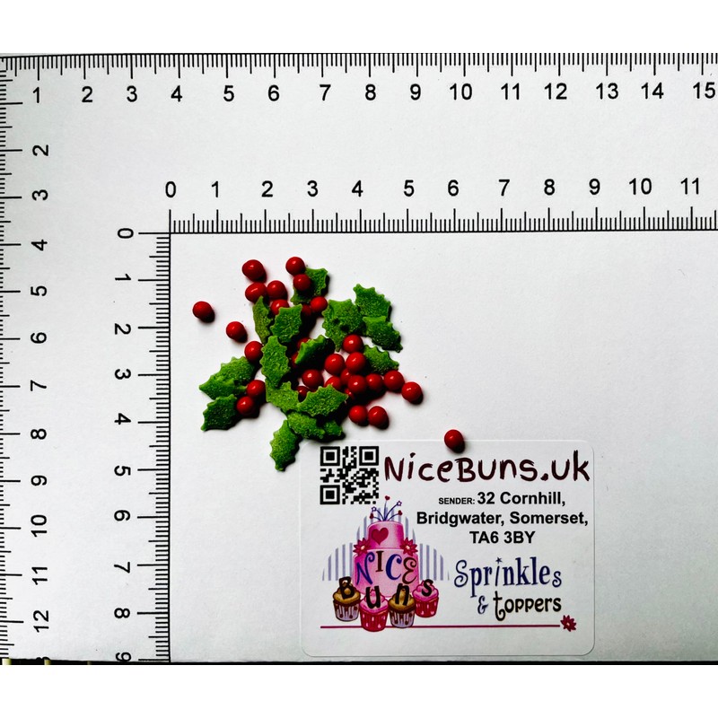 Holly & Berry Christmas Cupcake Sprinkles Edible Sugar Decorations from