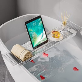 Ollimy Bathtub Caddy Tray, Adjustable Bath Tray for Tub, Bath Accessories, Tub Caddy for Bathroom Luxury Spa, Expandable Size Bath Tub Organizer with Anti-Slip mat, Fits Most Tubs (Transparent)