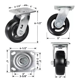 Syrantion 5 Inch Rubber on Cast Iron Wheel   Heavy Duty,Capacity 800-3200LB - 4 Pack Swivel