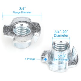 1/4"-20 T-Nuts (50 Pack), Zinc-Plated Steel Corrosion Resistant, 5/16" Barrel Length, 4-Pronged Tee Nut for Wood, Rock Climbing Holds, Cabinetry
