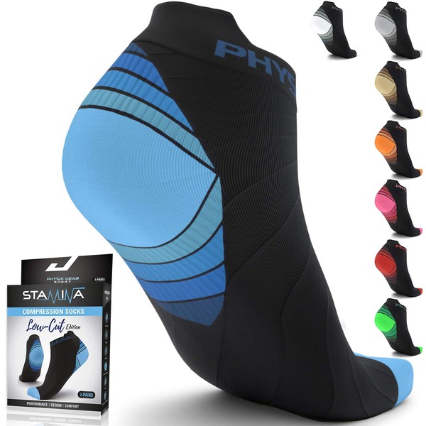 Physix Gear Sport Low Cut Socks Men & Women - Ankle Compression Running Socks (2Pair Blk-Wht L/XL)