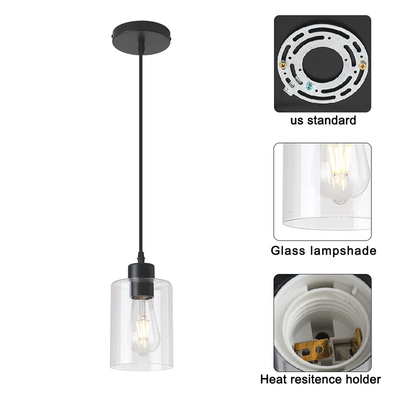 KLSS Modern Black Farmhouse Clear Glass Cylinder Pendant Light Fixture,Mini