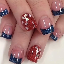 4th of July Press on Nails Short Square French Tip Fake Nails Glitter Full Cover Blue Red False Nails with Star Designs Glossy Glue on Nails America Acrylic Nails Artificial Nails for Women Girls