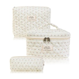 3-Piece Cosmetic Bag Set, Travel Flower Pattern Make-Up Bag, High Capacity Make Up Bag, Aesthetic Portable Cosmetic Bag with Zip for Women and Girls, beige, Flowers