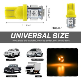 Hbxdeco 10PCS 194 Car LED Light Bulb, Super Bright T10 5050 5SMD LED Car Interior Light Bulb, 12V 168 T10 2825 Wedge Bulb Replacement for Dashboard Dome Map Door License Plate Lights (Yellow)