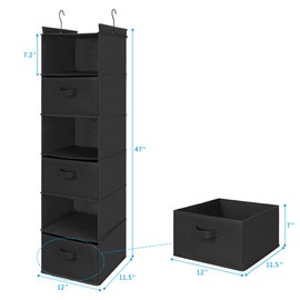 MAX Houser 6 Tier Shelf Hanging Closet Organizer, Closet Hanging Shelf with 2 Sturdy Hooks for Storage, Foldable (Black-D3)