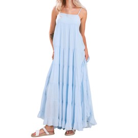 loveimgs Women Summer Spaghetti Strap Smocked Maxi Dress Tiered Ruffle Sleeveless Long Flowy Dress Beach Sundress (X-Small,Light Blue)