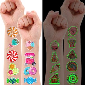 96 PCS Cute Candyland Candy Land Pre-Cut Temporary Tattoos for Kids Theme Birthday Party Decorations Supplies Favors Decor Stickers Tattoo (Luminous)