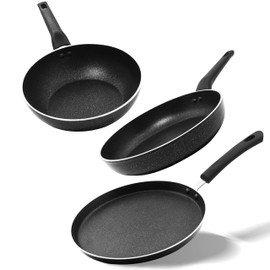 Vivicreate 3 pcs pan set deep fry pan, fry pan, pizza pan, forge aluminum pan with non stick coating