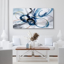 yiijeah Modern Large Abstract Wall Art - Bright and Bold Line Design - Blue and White Canvas Picture Artwork Wall art for living room and office Oversized Abstract wall Decor