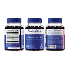 SmileVites Ashwagandha Gummies with Ginseng & Lemon Balm - Stress Relief, Mood & Mental Clarity - Gluten Free, Gelatin Free, Vegan Friendly, GMO Free & Kosher - 60 Count (1 Month Supply)