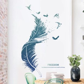 Blue Feather Flying Bird Wall Stickers, sacinora Freedom Plume Wall Decals Removable Vinyl Peel and Stick for Living Room Bedroom Nursery Art Home Decoration